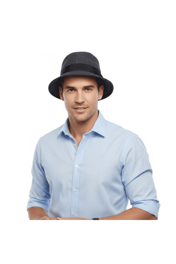 Mens Grey Pure Cotton Plaid Bucket Hat with Bow Band-Adult M for mens