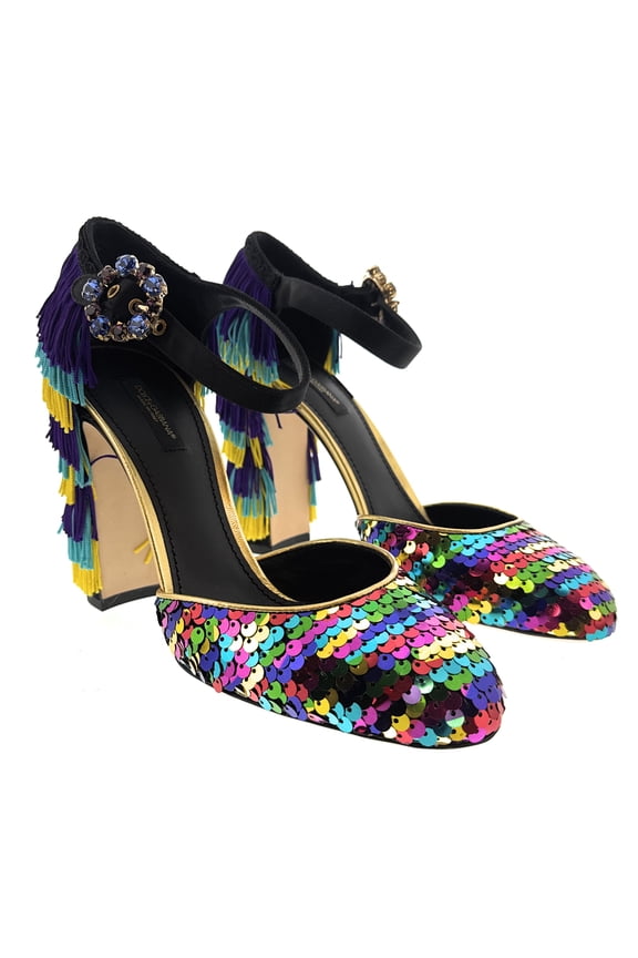 Multicolor Gold Rainbow SequinFringe Block Heels-EU37.5 for womens