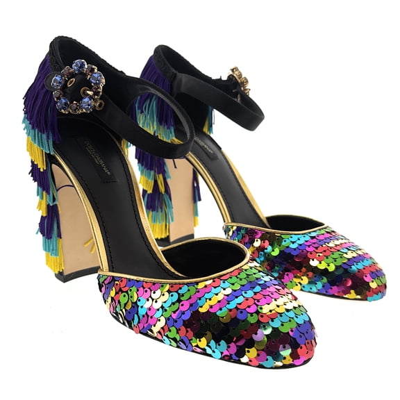 Dolce & Gabbana Multicolor Gold Rainbow SequinFringe Block Heels-EU37.5 for womens