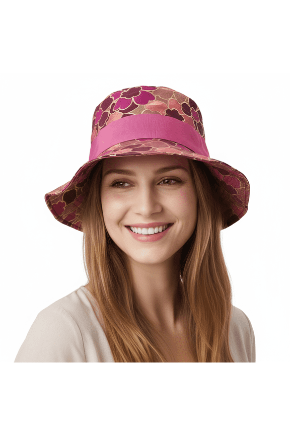 Pink Elegant Floral Silk Bucket Hat with Grosgrain Bow-56 for womens