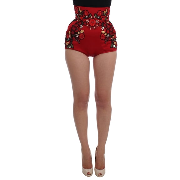 Dolce  Gabbana Red Silk Crystal Roses Shorts