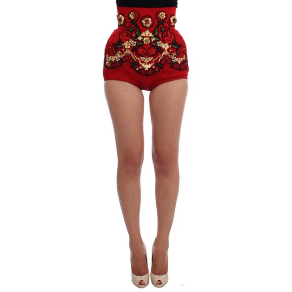 Dolce  Gabbana Red Silk Crystal Roses Shorts