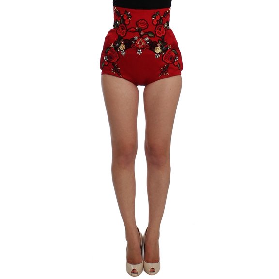 Dolce  Gabbana Red Silk Crystal Roses Shorts