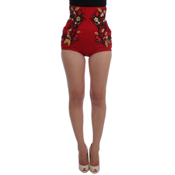 Dolce & Gabbana Red Silk Pearls Roses Shorts