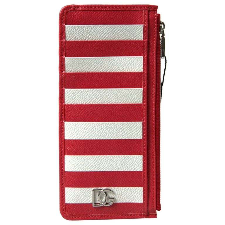 Dolce Gabbana Red White Leather DG Logo Zip Card Holder Women Wallet