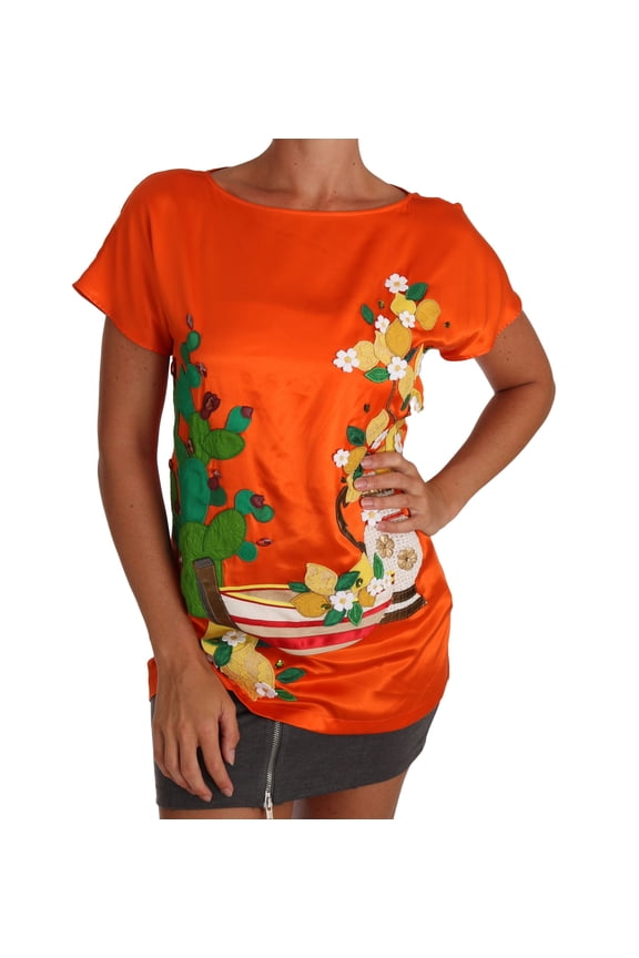 Dolce Gabbana Silk Orange Lemon Crystal T-shirt Top