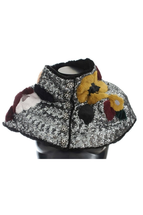 Dolce Gabbana Silver Sequined Floral Weasel Fur Shoulder Scarf Wrap