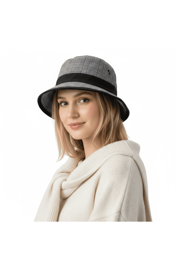 Virgin Wool Gray Plaid Bucket Hat with Black Ribbon Band-59 for womens