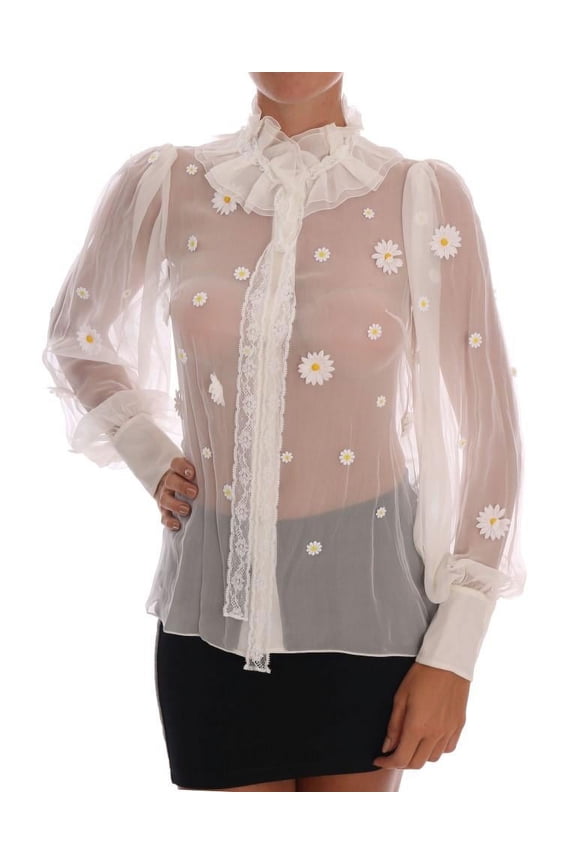 Dolce Gabbana White Daisy Applique Silk Shirt