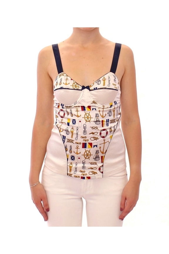 White Sailor Motif Stretch Tank Top