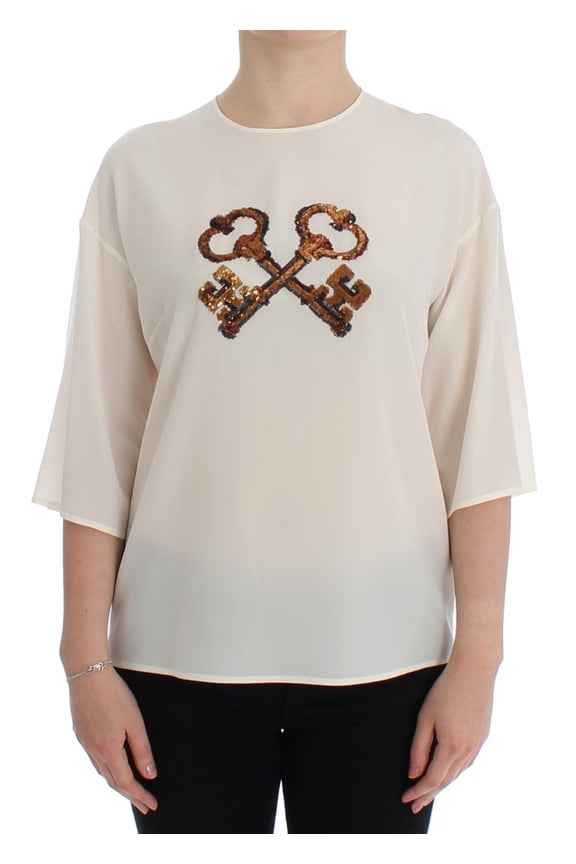 Dolce  Gabbana White Sequined Key Silk Blouse T-shirt Top