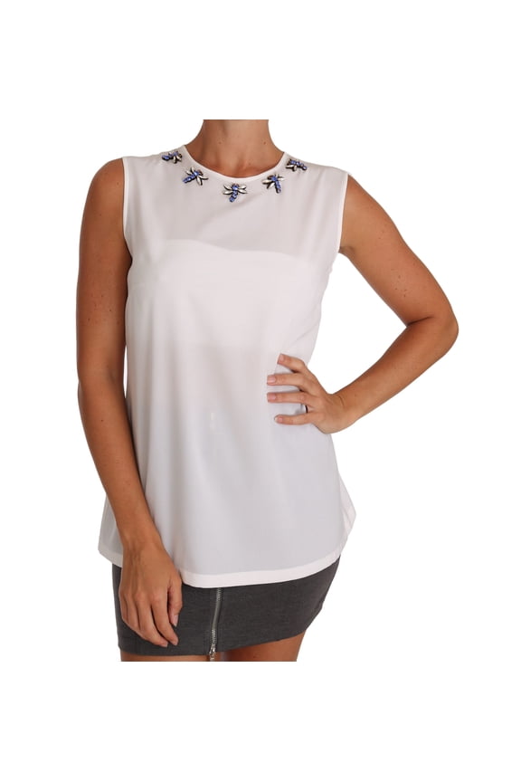 White Silk Embellished Crystal Dragonfly Top