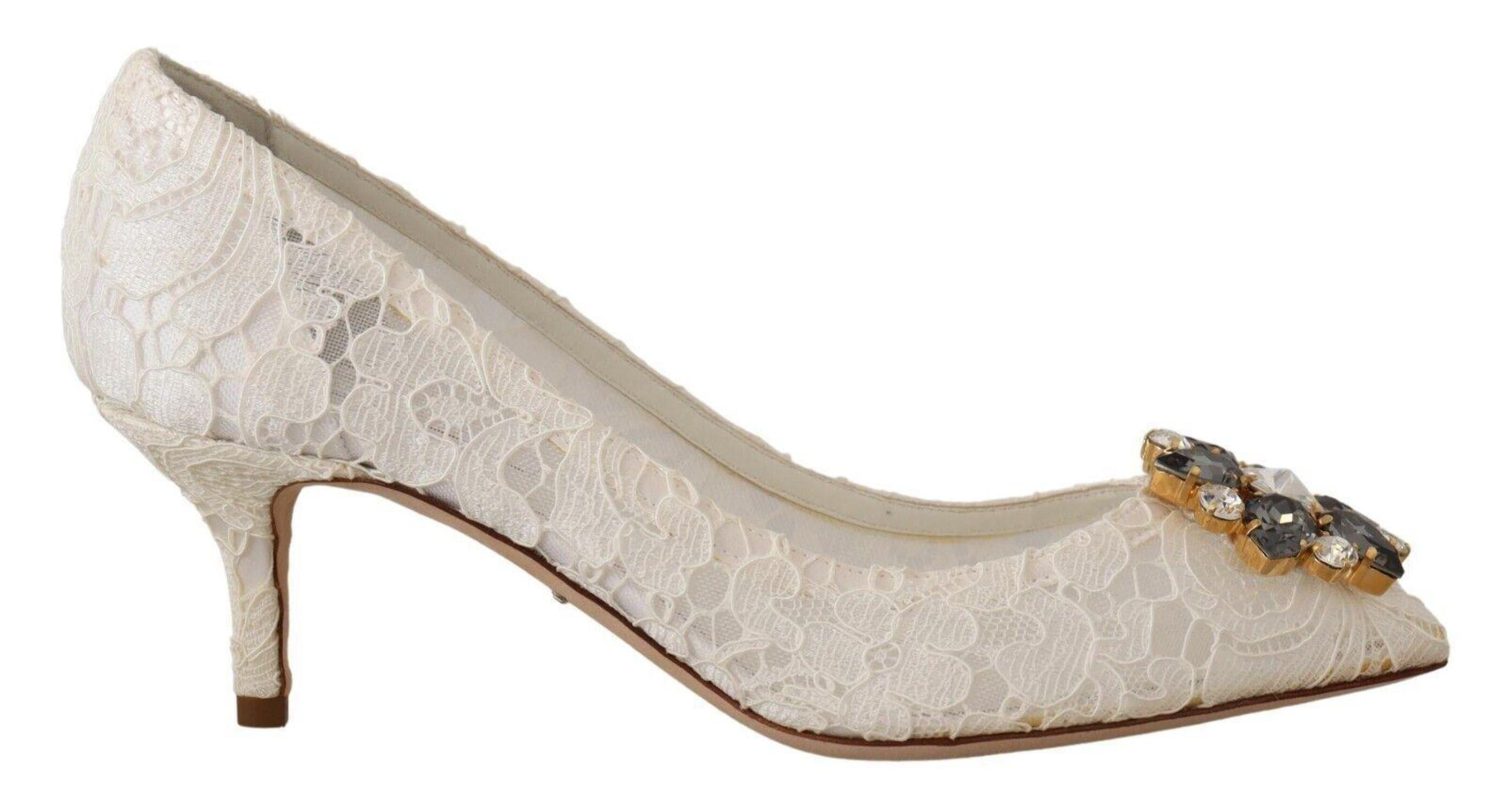 Dolce Gabbana White Taormina Lace Crystal Heels Pumps Shoes