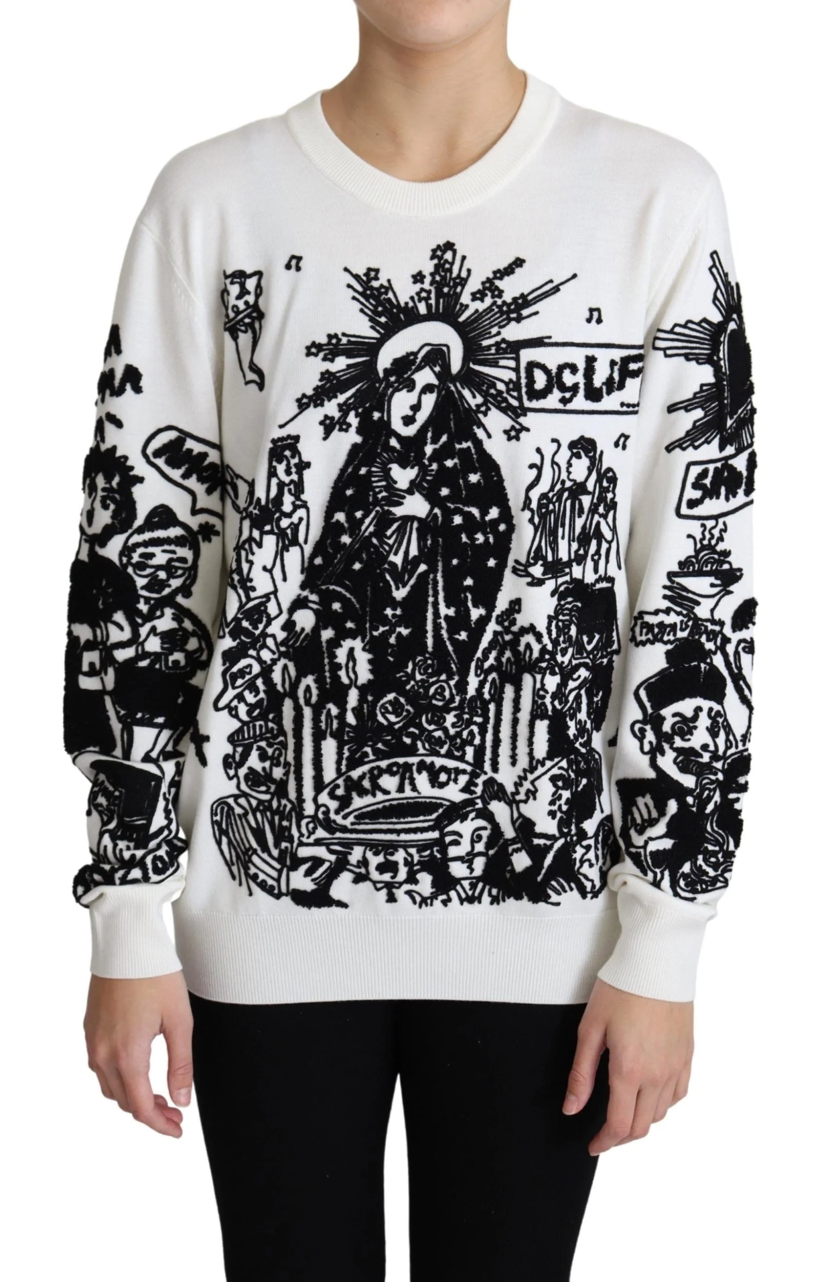 Dolce Gabbana White Wool Graffiti Embroidery Pullover Sweater