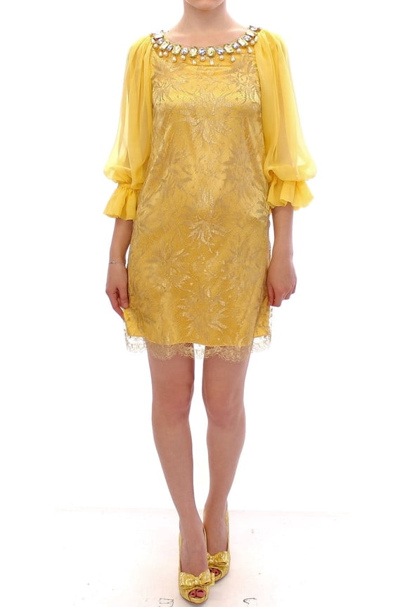 Yellow Lace Crystal Embellished Mini Dress
