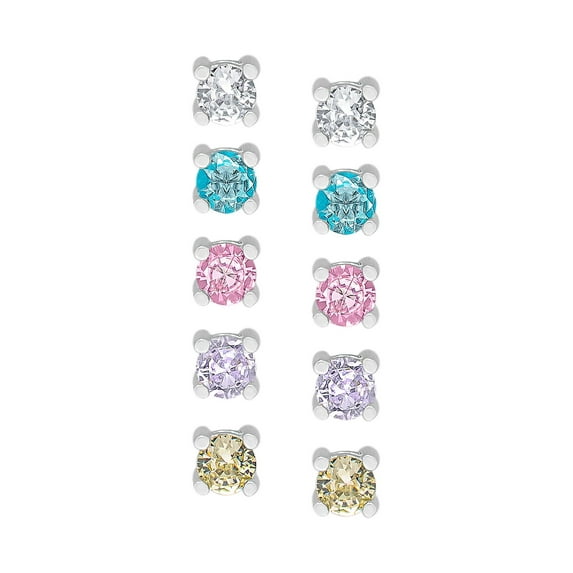 Dolce Giavonna Silver Plated Multi Colored Cubic Zirconia 5PC Stud Set Earrings