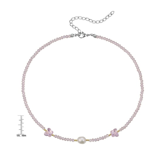 Dolce Giavonna Silver Plated Simulated Pearl & Pink Bead Butterfly Necklace