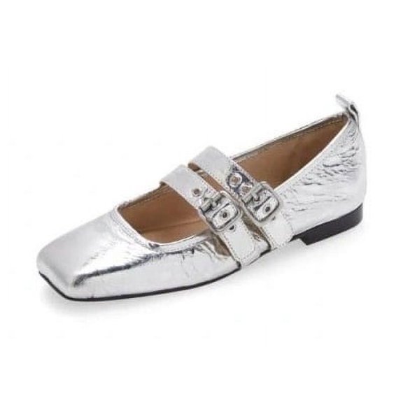 Dolce Vita Ashlyn Silver Distressed Leather Mary Jane Squared Toe Wide Flats (Silver Distressed Leather, 9.5)