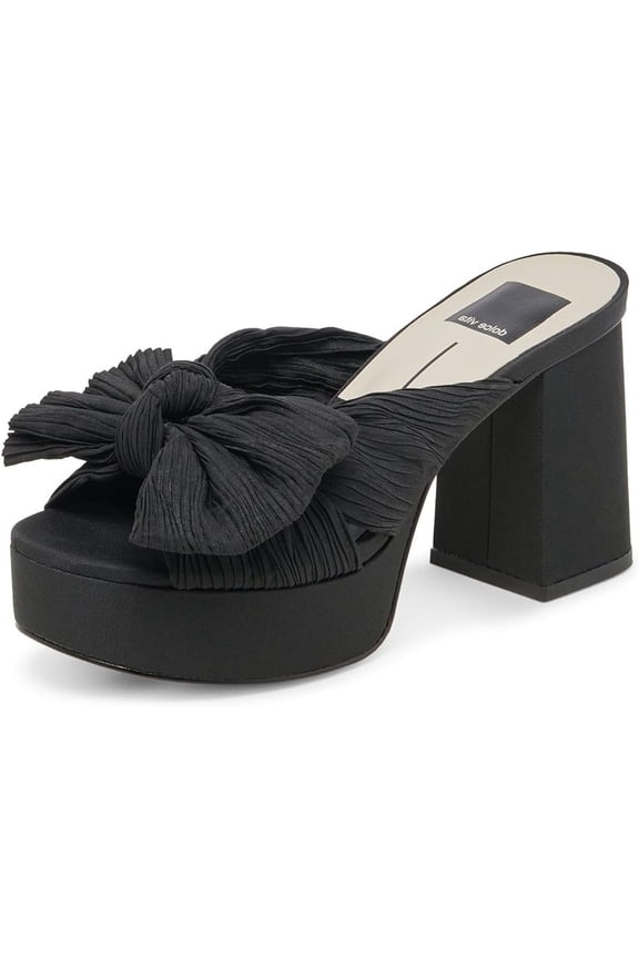 Blare Onyx Satin Bow Detailed Slip On Open Toe Block Heeled Sandals (Onyx Satin, 12)