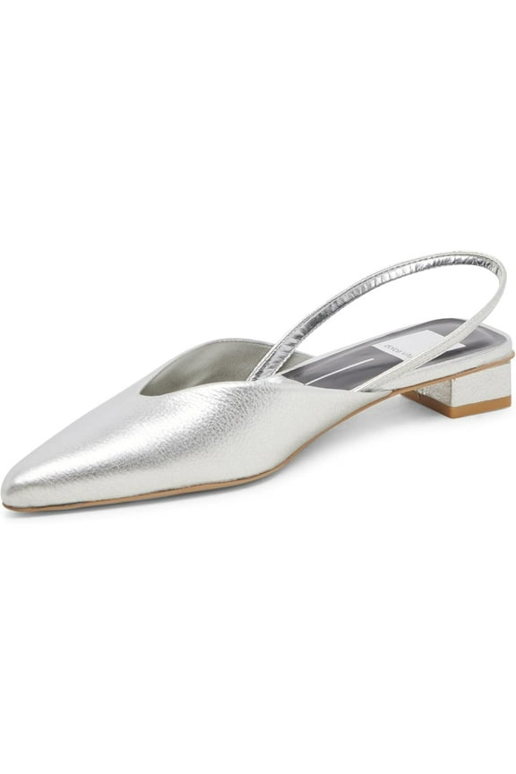 Byanca Silver Low Block Heel Leather Slingback Pointed Toe Pumps (Silver Distressed Leather, 5.5)