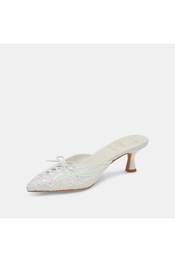Camile White Floral Eyelet Pointed Toe Slip On Kitten Heeled Pumps (8.5, White Floral Eyelet)