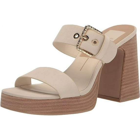 Dolce Vita Landry Ivory Nubuck Slip On Squared Toe Stacked Block Heeled Sandals (Ivory Nubuck, 9.5)