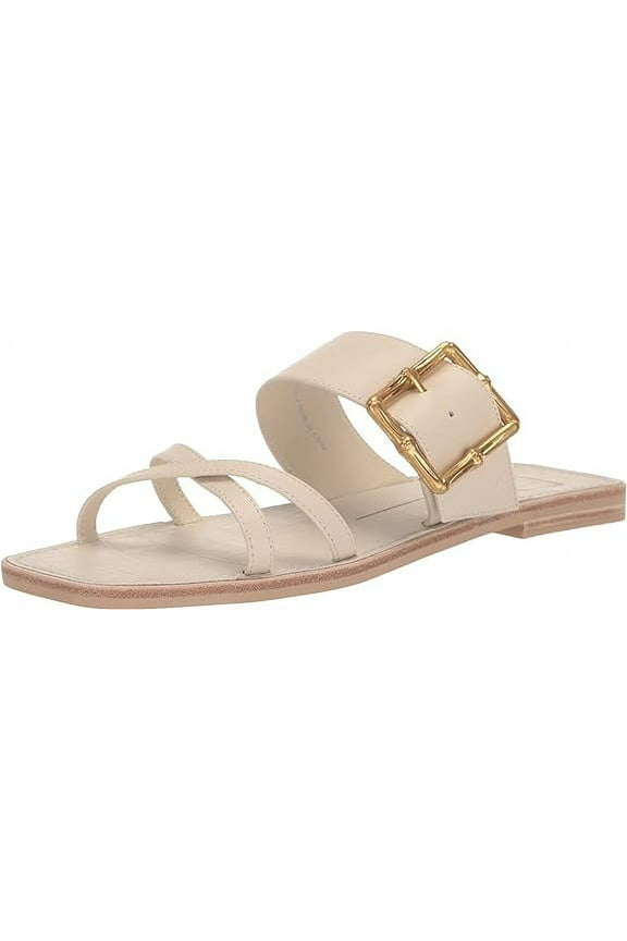 Lowyn Ivory Leather Slip On Buckle Detailed Squared Toe Flat Sandals (Ivory Leather, 9)