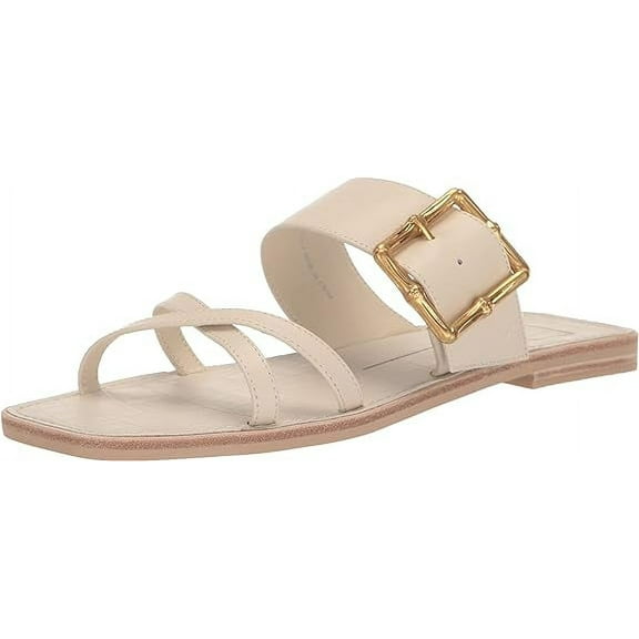Dolce Vita Lowyn Ivory Leather Slip On Buckle Detailed Squared Toe Flat Sandals (Ivory Leather, 9)