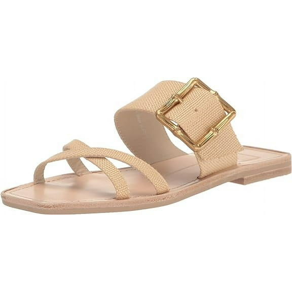Dolce Vita Lowyn Natural Raffia Slip On Buckle Detailed Squared Toe Flat Sandals (Natural Raffia, 10)