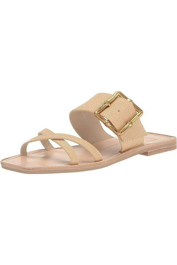 Lowyn Natural Raffia Slip On Buckle Detailed Squared Toe Flat Sandals (Natural Raffia, 9)