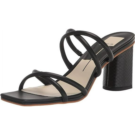 Dolce Vita Patsi Black Leather Slip On Squared Open Toe Block Heeled Sandals (Black Leather, 5.5)