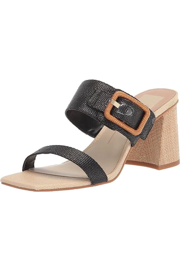 Posy Black Raffia Slip On Squared Toe Buckle Detailed Heeled Sandals (Black Raffia, 11)