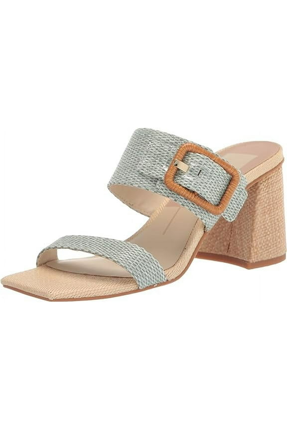 Posy Mint Raffia Slip On Squared Toe Buckle Detailed Heeled Sandals (Mint Raffia, 11)