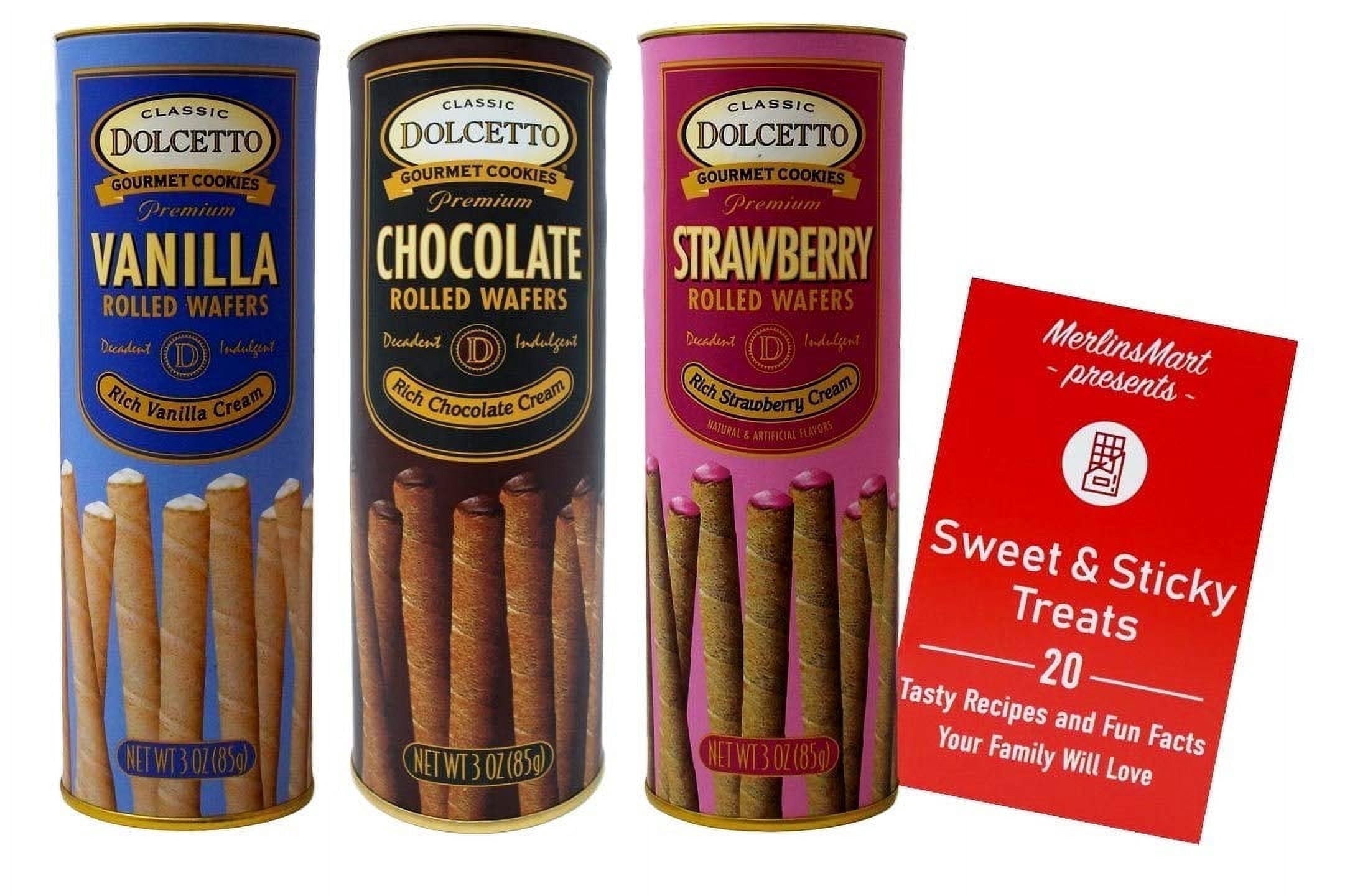 Cream Filled Rolled Wafers Gourmet Cookies Baked 3 Flavor (1) each: Vanilla, Chocolate, Strawberry (3 Ounces) + MerlinsMart Zine | Dolcetto