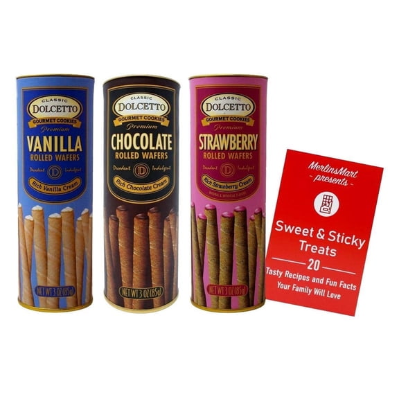 Cream Filled Rolled Wafers Gourmet Cookies Baked 3 Flavor (1) each: Vanilla, Chocolate, Strawberry (3 Ounces) + MerlinsMart Zine | Dolcetto