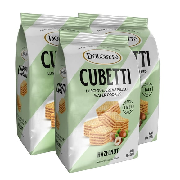 Dolcetto Cubetti Wafer Cookies, VTF5Creamy Hazelnut Flavor Sweets, Crispy Gourmet Treats made in Italy, NO Preservatives, 8.8oz Bag, Great snacks for sharing and gift baskets (Pack of 3)