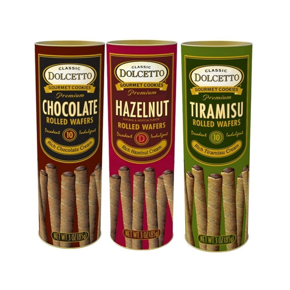 Dolcetto Rolled Wafers Variety 3 Pack – 3 oz Tins of Chocolate, Tiramisu & Hazelnut