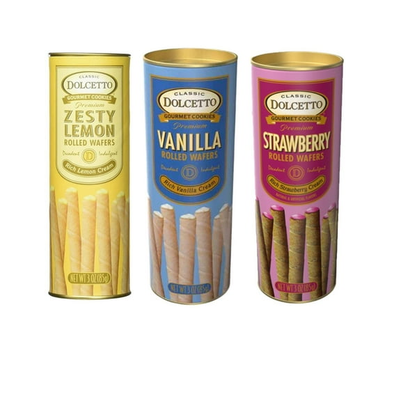 Dolcetto Rolled Wafers Variety 3 Pack  3 oz Tins of Strawberry, Vanilla & Lemon