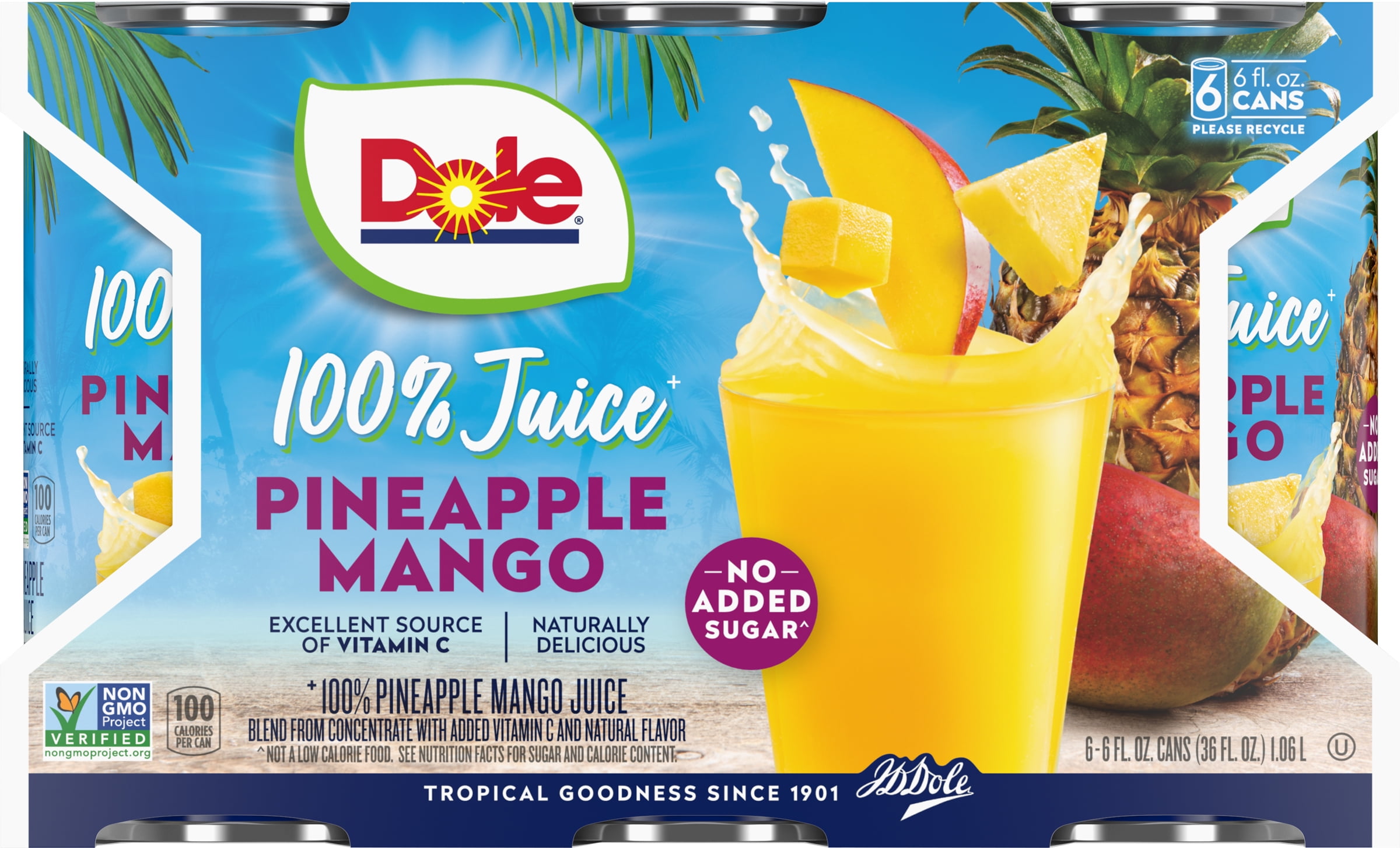Dole 100 Pineapple Mango Juice, 6 fl oz (6 Cans)