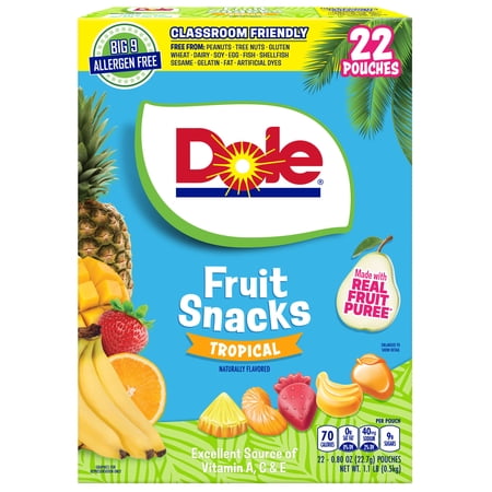 Dole Fruit Snacks, Tropical Flavored, Big 9 Allergen Free, Dye Free, Gluten Free, Gelatin Free, Lunch Snacks 22 Count
