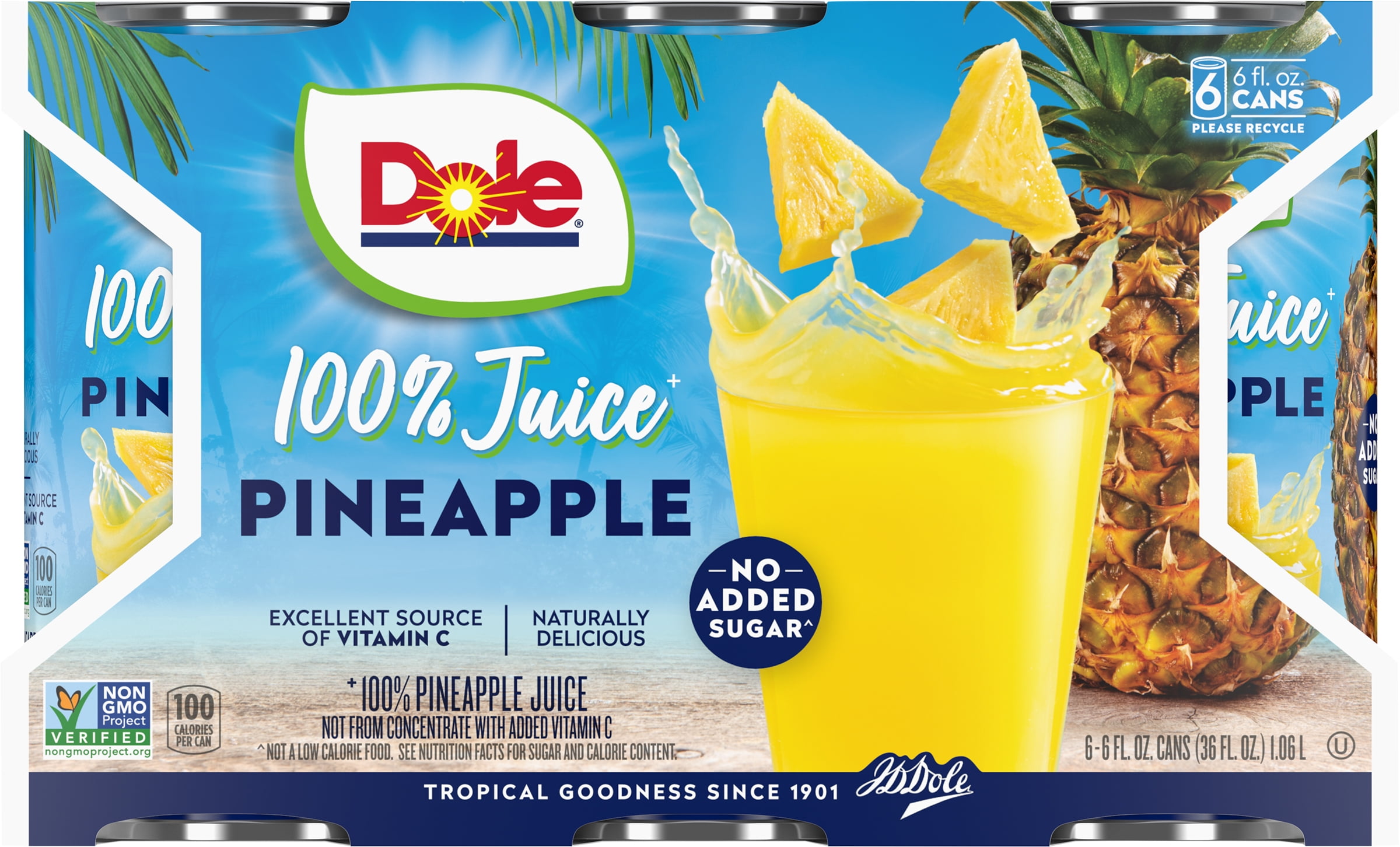 Dole All Natural 100% Pineapple Juice Cans, 6 fl oz (6 Count)