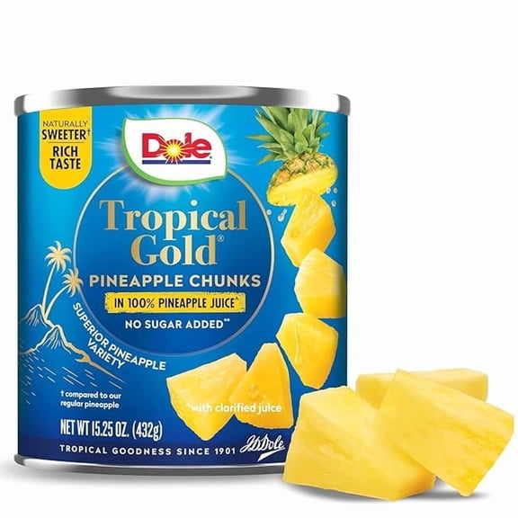 Dole Canned Fruit, Tropical Gold Pineapple Chunks in 100% Pineapple Juice, Gluten Free, Pantry Staples, No Sugar Added, 15.25 Oz
