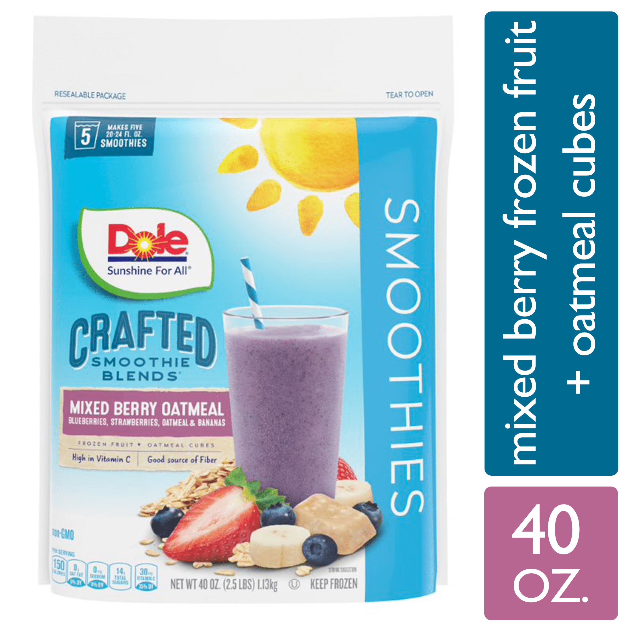 Dole Crafted Smoothie Blends Frozen Mixed Berry Oatmeal Blend, 40 oz
