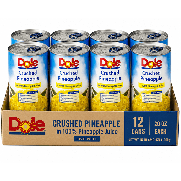 Dole Crushed Pineapple in 100% Pineapple Juice, 12 Cans, 20 oz Each