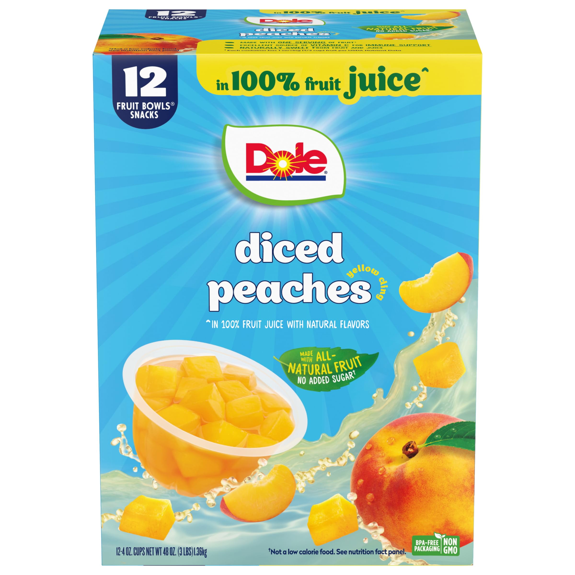 Dole Diced Peaches in DMF15 100% Juice - Dole Fruit Bowls Snacks - 4 oz Fruit Bowls - 12 Pack