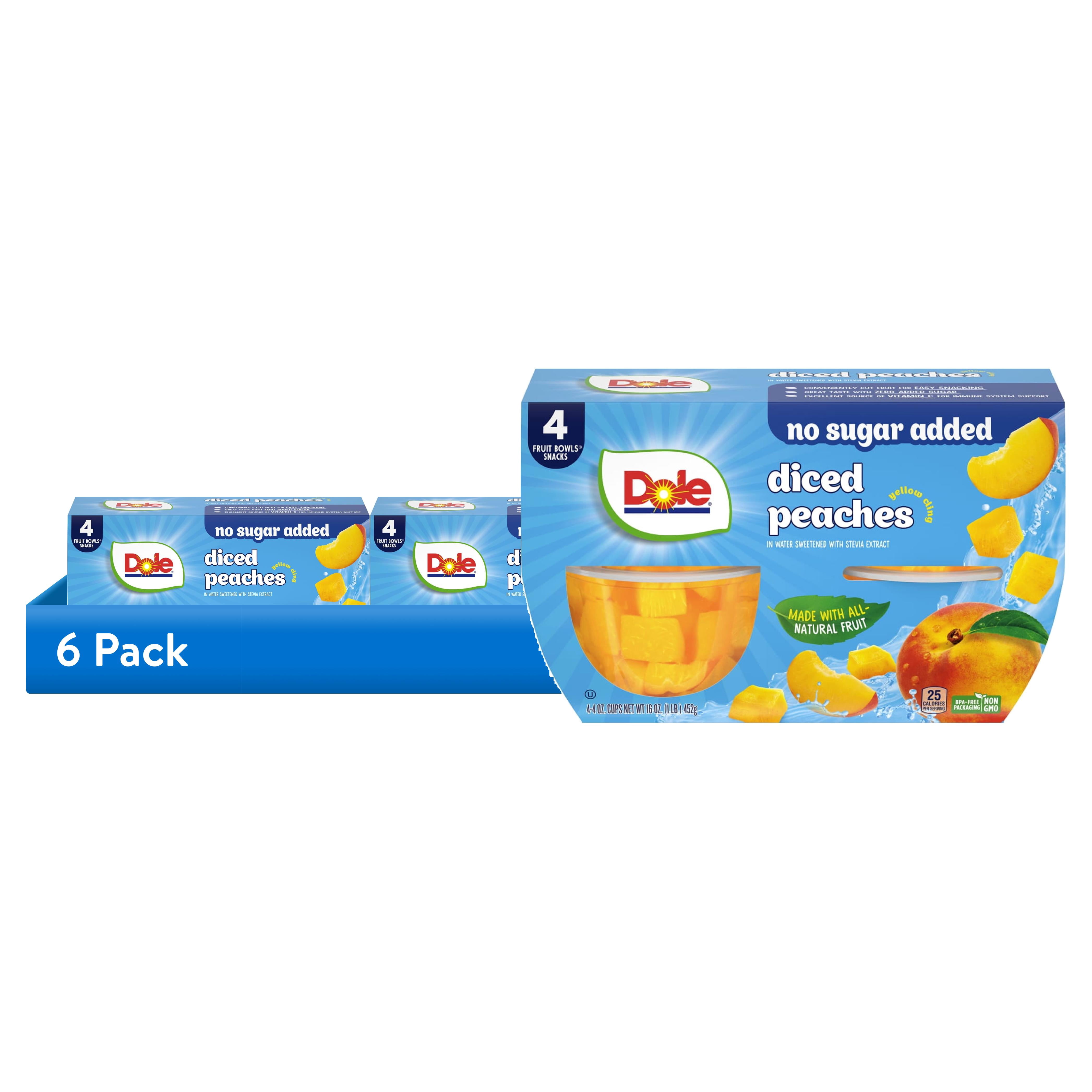 (6 pack) (4 Pack) Dole No Sugar Added Diced Peaches Fruit Cups, 4 oz