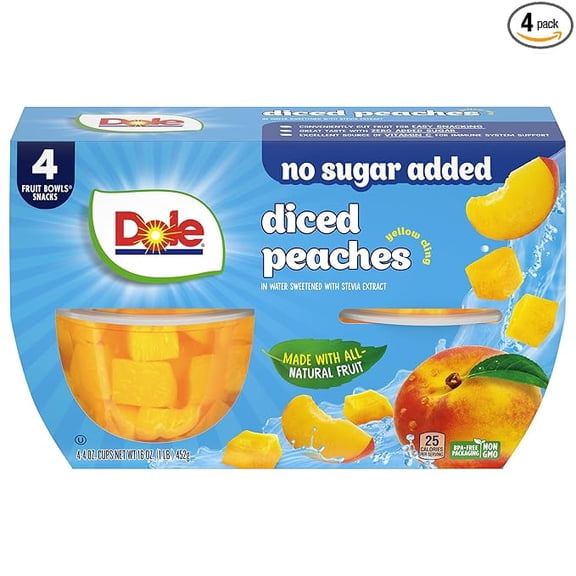 Dole Diced Peaches with No Sugar Added^^ - Dole Fruit Bowls Snacks - 4 oz Fruit Bowls - 4 Pack
