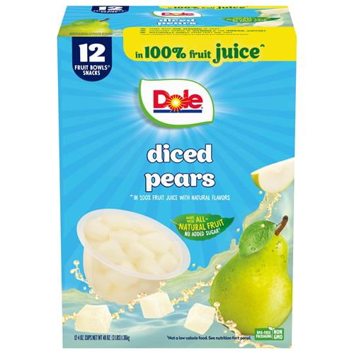 Dole Diced Pears In 100% Juice^ - Dole Fruit Bowls Snacks - 4 Oz Fruit Bowls - 12 Pack