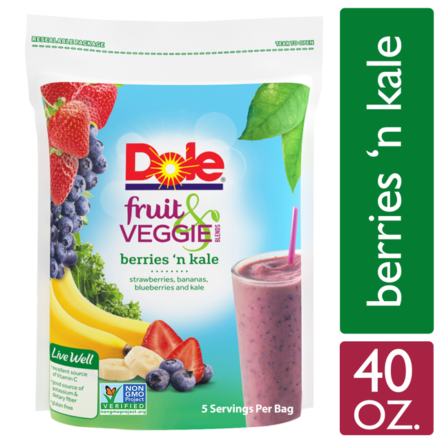 Dole Frozen Fruit and Veggie Blends, Berries 'N Kale, 40 oz Bag