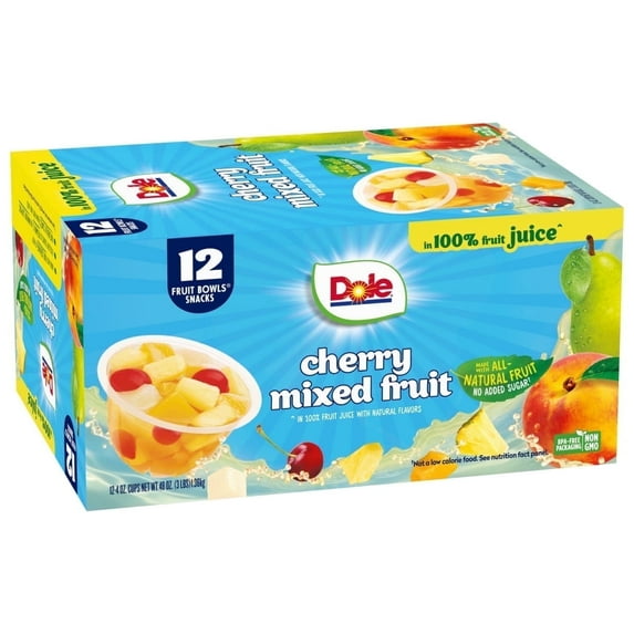 Dole Fruit Bowls Cherry Mixed Fruit in 100% Fruit Juice, 4 oz Cups (12 Pack - pack of 2